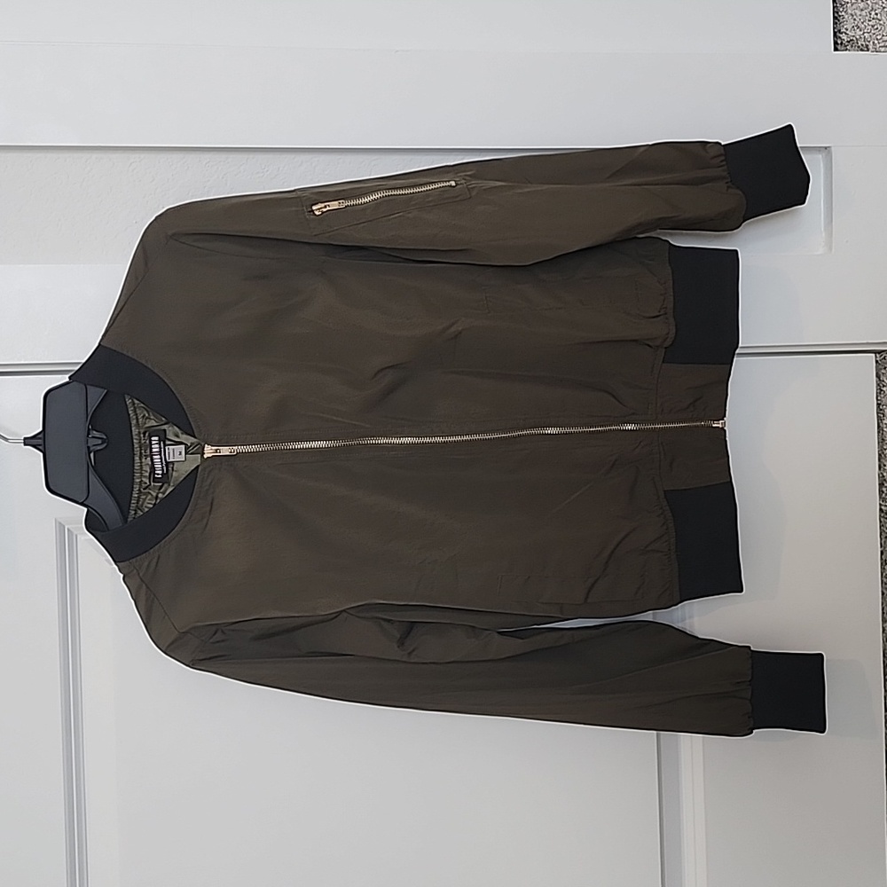 Fashion Nova Bomber Jacket, Size Medium, Color Olive Green with Black Trim